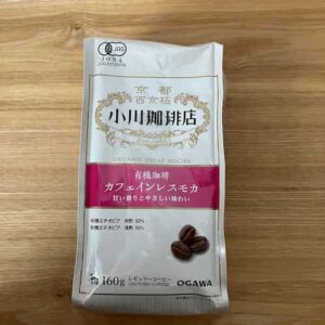 小川珈琲店 有機珈琲 カフェインレスモカ 粉のパッケージ