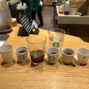 飲み比べたカップに入ったコーヒーたち6種類と水