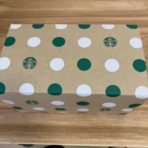 手絞りモンブランが入った、テイクアウト用のボックス
白と緑の水玉模様